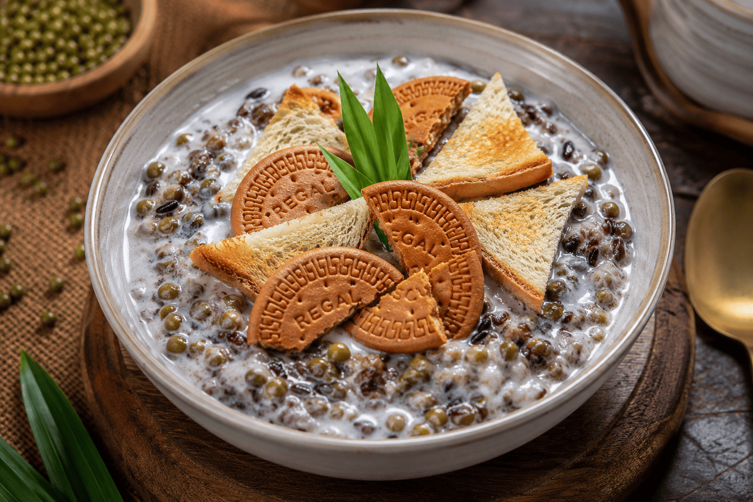 Bubur Kacang Ijo Campur Topping Biskuit Regal